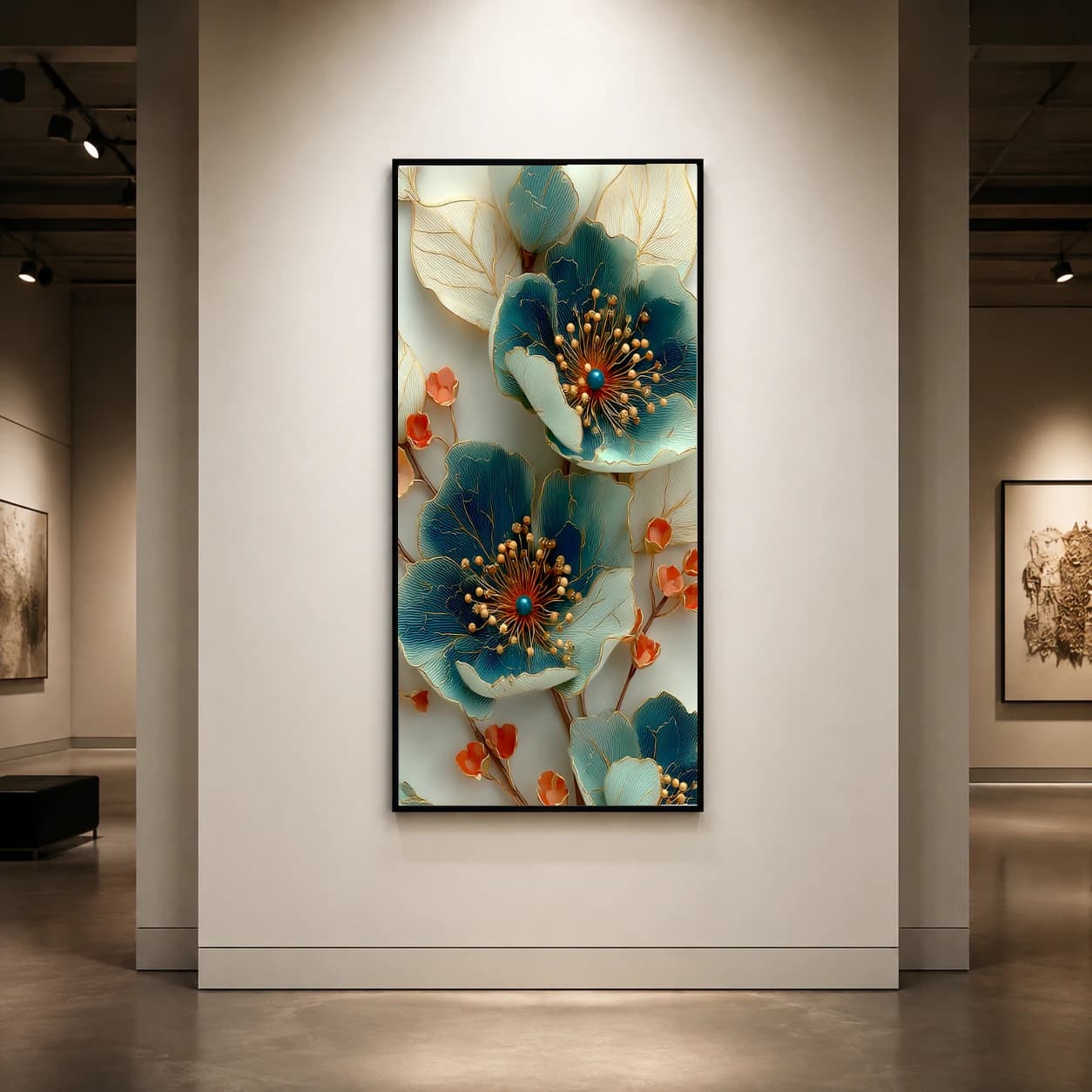 Blue and Gold Botanical Relief Art